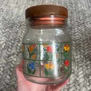Vintage Glass Jar w/ Flowers and Wooden Top
